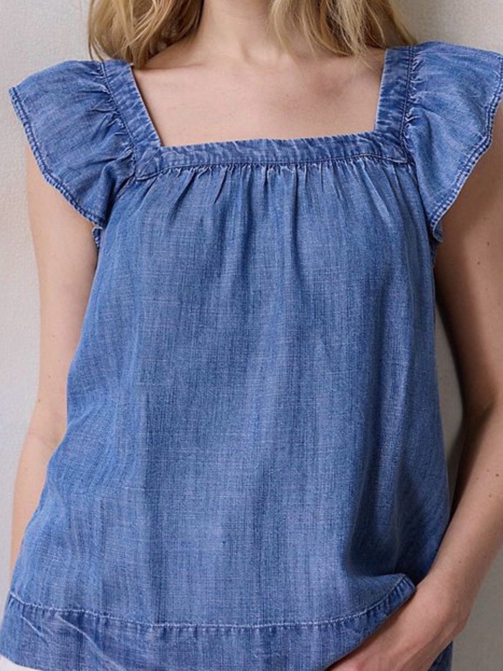 Square Neck Chambray Flutter Sleeve Top - Blue Denim